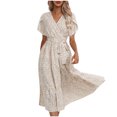 thumbnail image 2 of Xuniizn Robe pour Femmes à Col en V, Manches Courtes, Coupe Ajustée à la Taille, Robe Midi Mode Confortable à Imprimé Floral, Robe d'Été Décontractée, P-2TG, 2 of 3