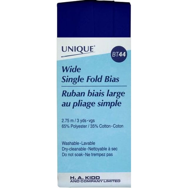 UNIQUE Bias Tape à Pli Simple (Grand) en Bleu Foncé, 2,75 m de long, Fait de 65 % polyester et 35 % Coton. l'Étiquette Indique les instructions d'Entretien Incluant Lavable, Nettoyage à Sec Seulement, et Ne Trempe Pas. Convient aux Bords de Liaison sur Couettes, Vêtements et Déco Maison avec une Finition Lisse et flexible.