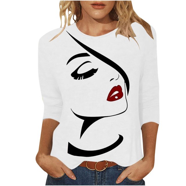 Penkiiy Hauts pour Femmes Mode Femmes T-shirt Imprimé Mi-Long Manches 3/4 Blouse Col Rond Hauts Décontractés Blanc Vêtements Y2K