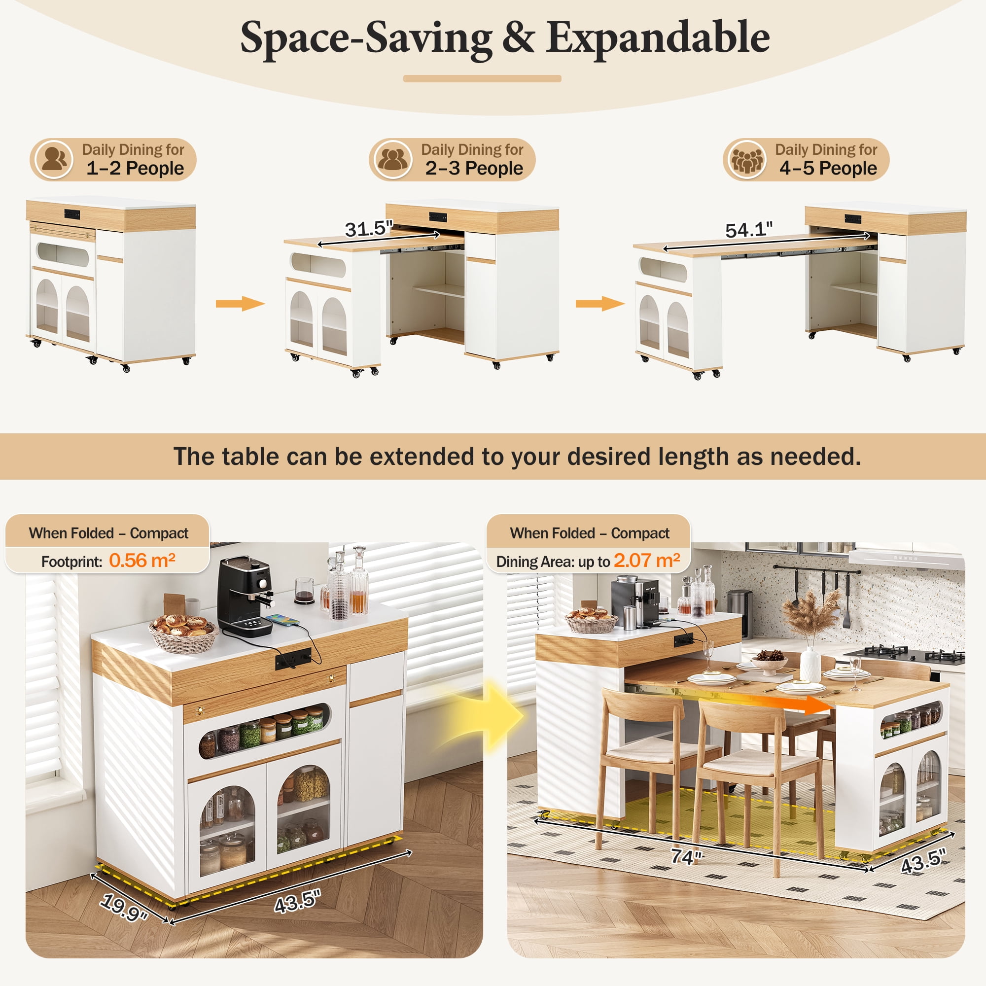 Table de salle à manger extensible Noble House TREXM avec plateau rabattable extra-long, îlot de cuisine roulant avec tiroirs (Noyer + Blanc crème)