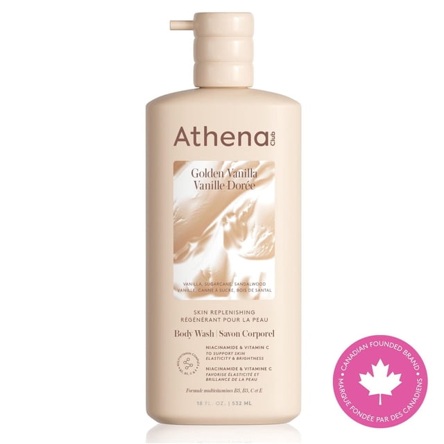 Athena Club Gel Douche Régénérant pour la Peau Vanille Dorée - Bouteille à Pompe beige de 532 ml avec Étiquette Tourbillon Crémeuse Mettant en Valeur la niacinamide et la Vitamine C pour l'Hydratation et la Luminosité de la Peau, Gel Douche Hydratant Doux Convenant à un Usage Quotidien, Marque Fondée au Canada.