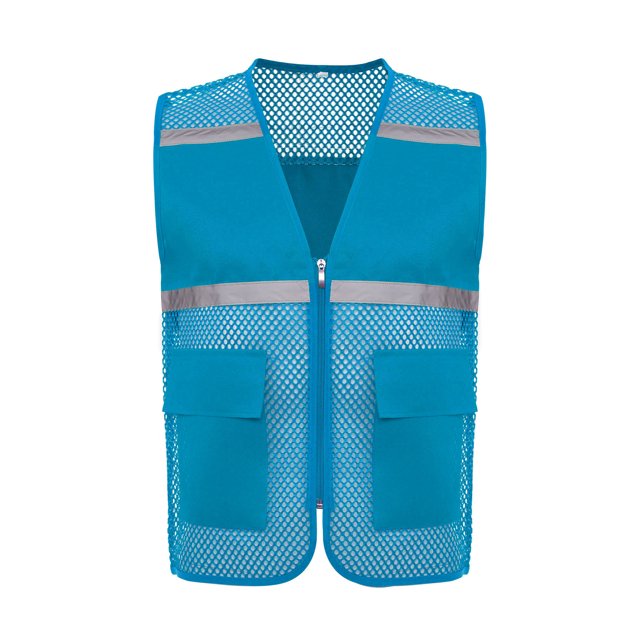 RUNQHUI Men Women Zipper High Visibility Reflective Safety Vest Construction Work Mesh Fabric Work Clothes Lake Blue 185