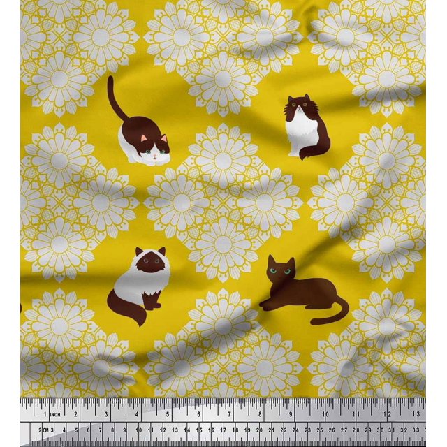 Soimoi Tissu Poly Georgette Imprimé Floral & Chat au Mètre 42 Pouces de Large