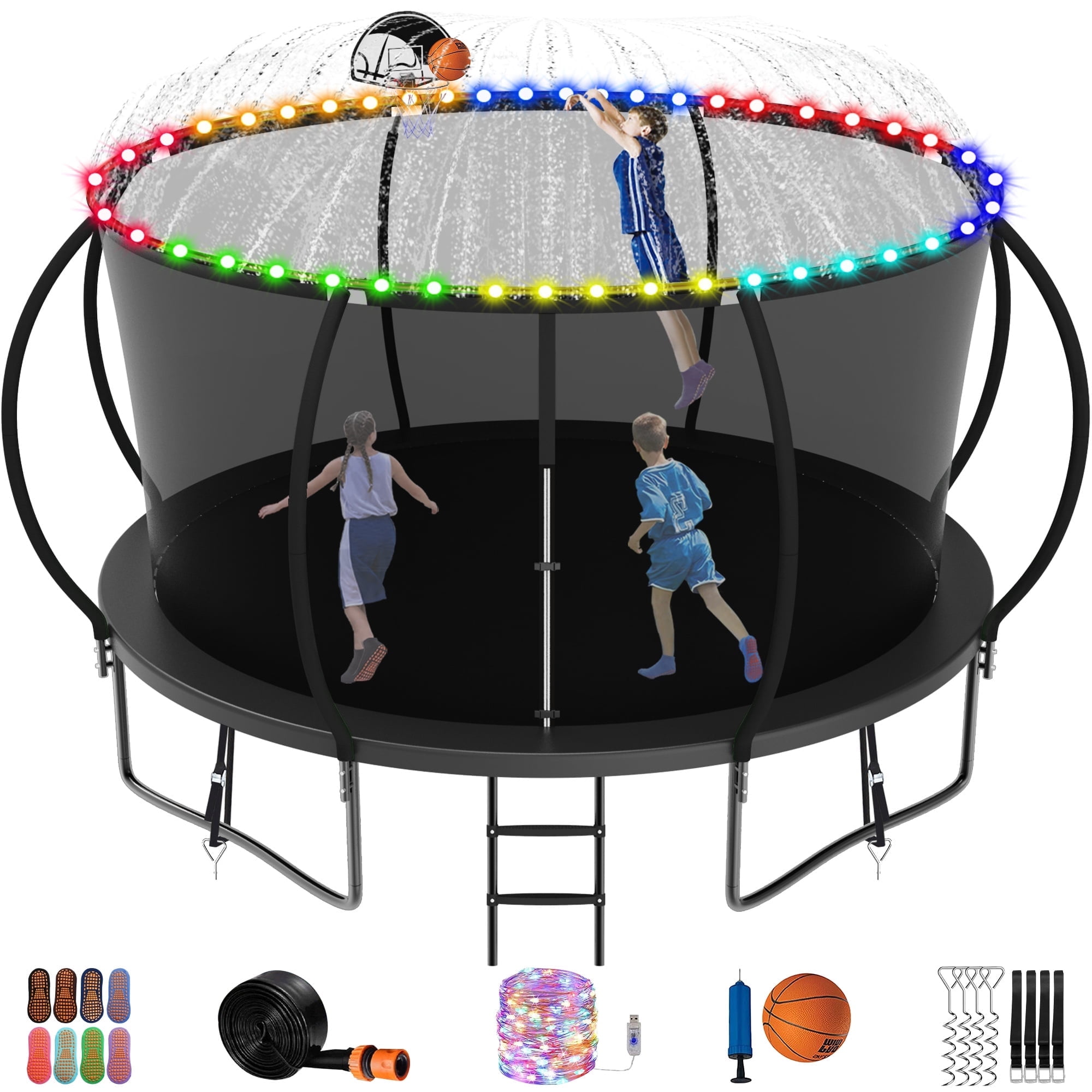 Jump Into Fun Trampoline 12FT, 1200LBS Trampoline for Kids and Adults with Enclosure, Basketball Hoop, Wind Stakes, LED light, Sprinkler and Socks, Outdoor Galvanized Full Spray Round Trampoline