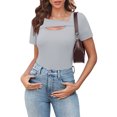 thumbnail image 3 of Lenpel T Shirts for Women Fashion Summer Short Sleeve Cutout Ribbed Knit Solid Color Slim Basic Tees Going out Tops, 3 of 7