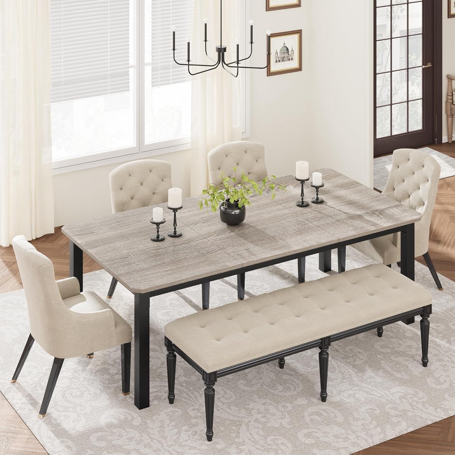 Industrial Dining Table for 6-8 People, 78.7 in Long Wooden Kitchen Table with Sturdy Metal Frame, Seats 6 Rectangular Counter for Dinner, Kitchen, Dining Room - Grey