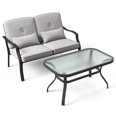 Gymax Ensemble de Meubles 2 Pcs Causeuse d'Extérieur Chaise Table Basse Siège Coussiné Patio