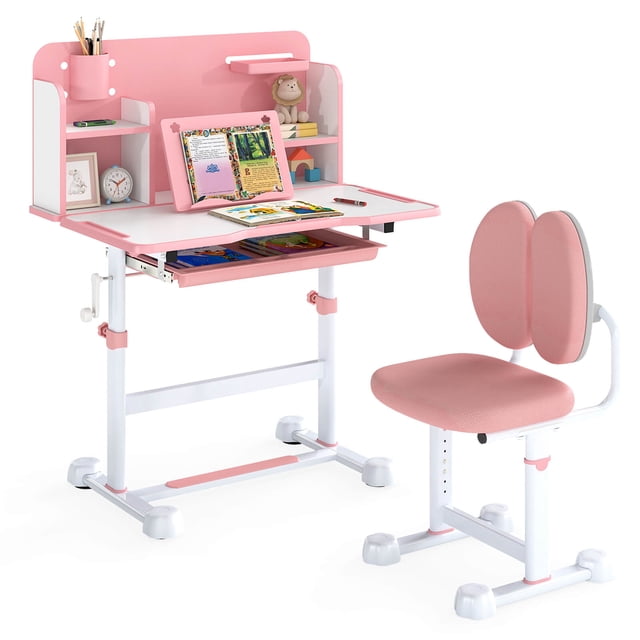 Costway Kid's Study Desk & Chair Set with Tilt Desktop, Pen Holder & Tray, Reading Stand Pink