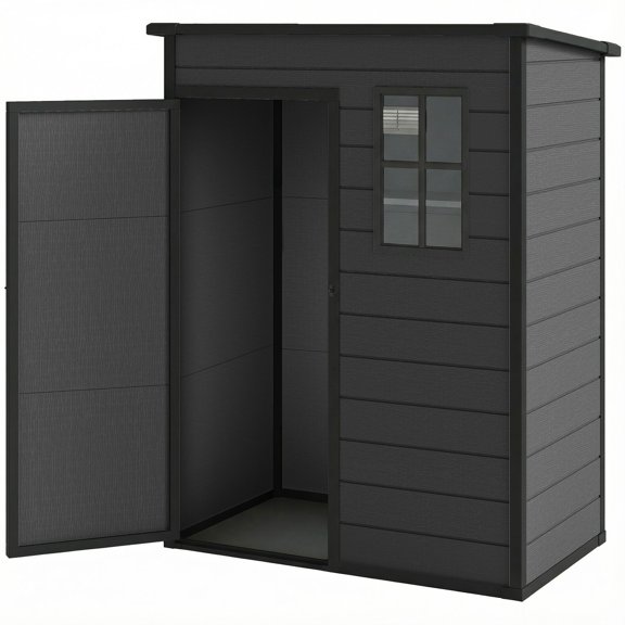 5 x 3FT Outdoor Storage Shed with Floor, Dark Grey Resin Garden Tool Shed with Lockable Door, Window & Vent for Backyard, Patio, and Lawn, Weather Resistant & Durable Design