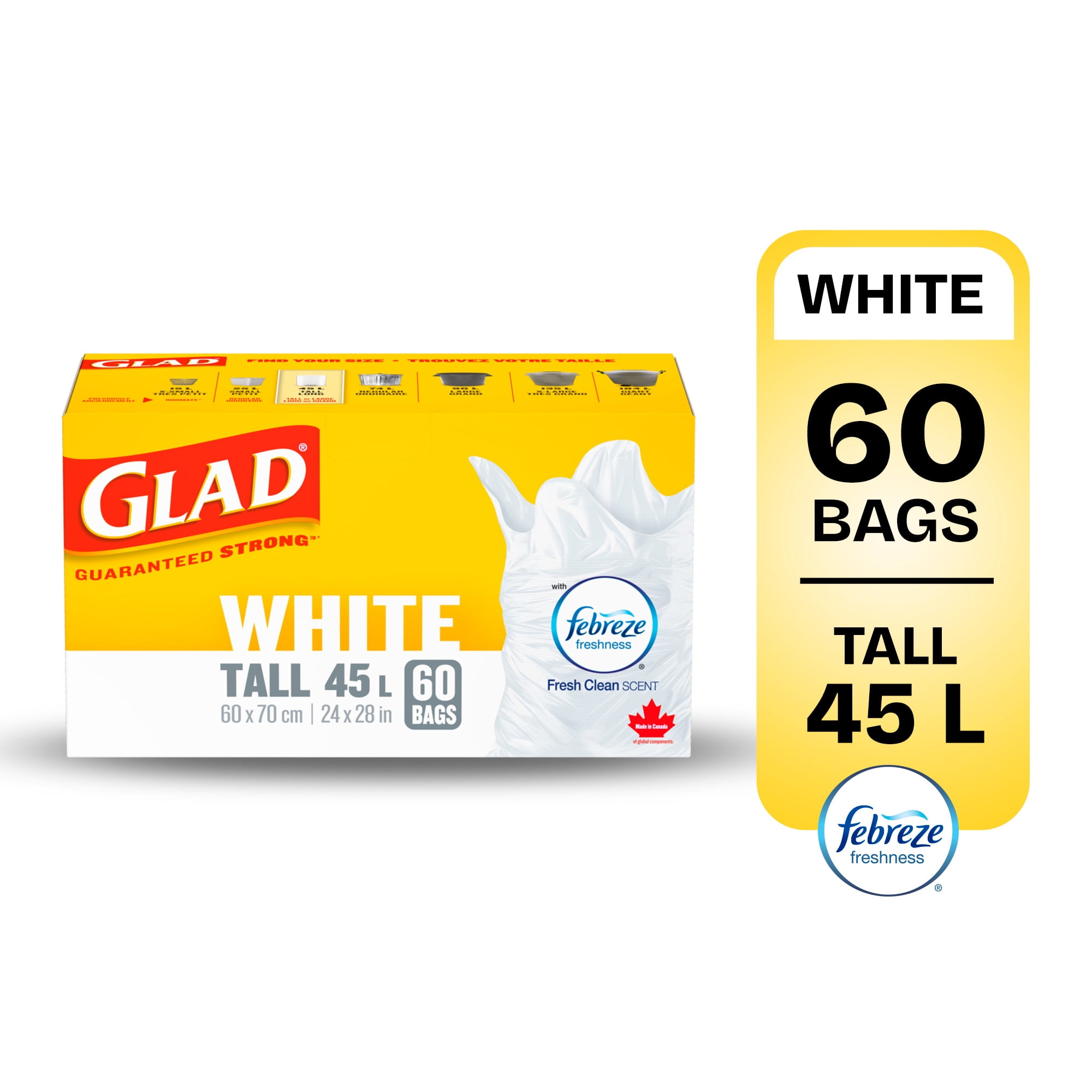 Glad White Garbage Bags - Tall 45 Litres - Febreze Fresh Clean Scent, 60 Trash Bags