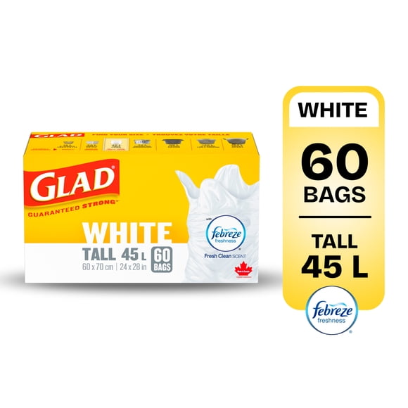 Glad White Garbage Bags - Tall 45 Litres - Febreze Fresh Clean Scent, 60 Trash Bags