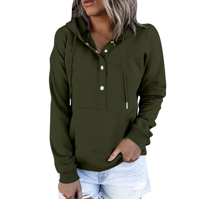 Timegard Hoodies for Women Button Long Sleeve Sweatshirts Pullover Fall Winter Loose Top with Pocket
