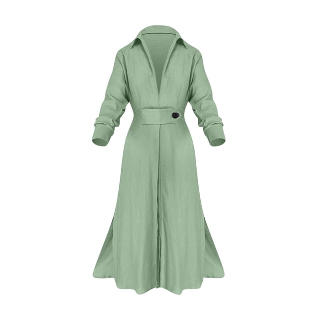 Liquidation à 50 % de Rabais! Robes pour Femmes, Robe Chemise Irrégulière à Taille Haute pour Femmes avec Boutons, Col à Revers, Col en V, Couleur Unie, Ceinture, Manches Longues, Vert m