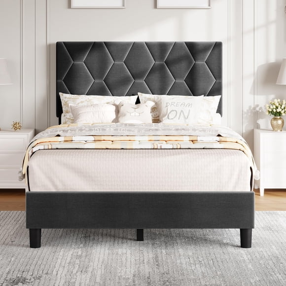 Yiwa Twin Bed Frame with Upholstered Headboard, Upholstered Bed Frame, Heavy-Duty Platform Bed Frame with Adjustable Headboard, Strong Wood Slat Support/No Box Spring Needed/Noise Free