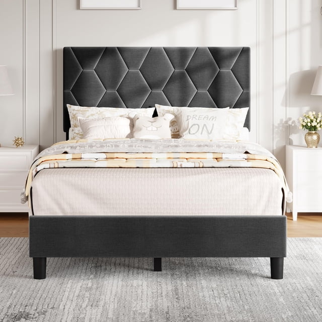 AKDSteel Twin Bed Frame with Upholstered Headboard featuring a modern diamond block design. The bed frame is upholstered with foam padding for comfort and includes thick wooden slats and 9 support legs for noise-free, sturdy support. Designed for mattresses 11-15 inches thick, it eliminates the need for a box spring. The adjustable headboard ensures a snug fit and prevents small items from falling behind. Shown in a contemporary bedroom setting with neutral decor.