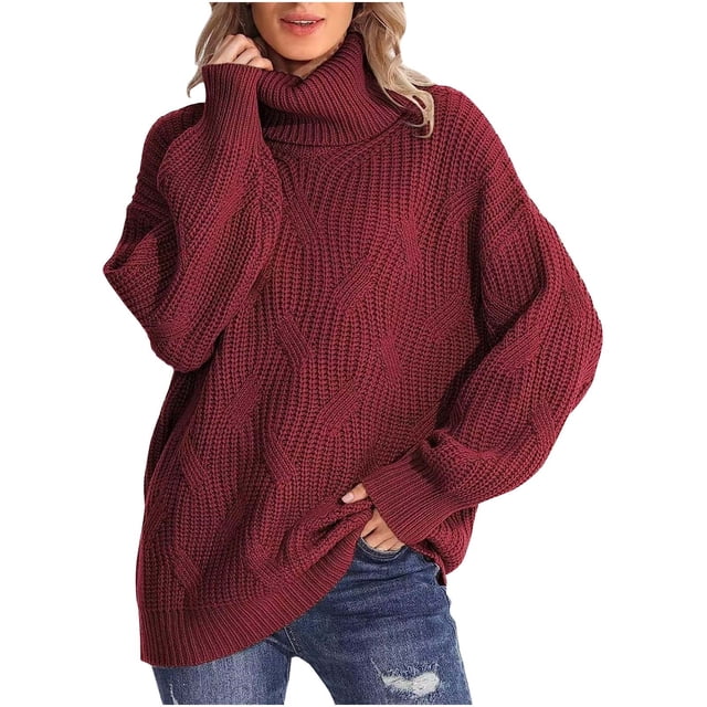Yuyuzo women's oversized sweater in a ribbed knit design, featuring long sleeves and a turtleneck. The pullover jumper is shown in a solid burgundy colour, styled casually with blue jeans. Size large with a bust measurement of 115-127 cm, sleeve length of 53 cm, and overall length of 66 cm. Made from soft, breathable material for comfort and versatility.