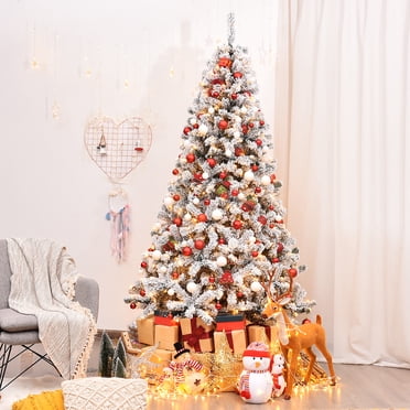 Costway 7.5ft Pre-Lit Premium Snow Flocked Hinged Artificial Christmas Tree w/ 450 Light