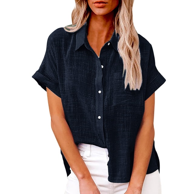 Dealovy Plus Size Womens Button down Shirts Cotton Linen Rolled Short Sleeve Loose Casual Work Blouses