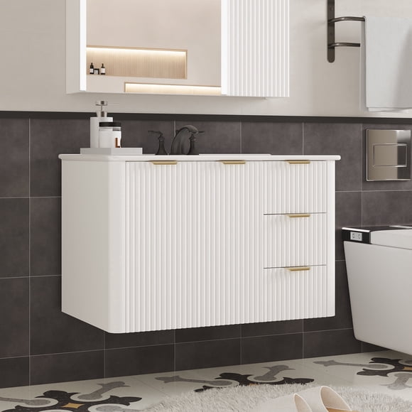 HMstone Meuble-Lavabo de Salle de Bain 30 Pouces avec Combo Lavabo, Armoire de Salle de Bain Flottante Murale avec 2 Portes 2 Tiroirs, Meuble-Lavabo de Salle de Bain Moderne Mi-Siècle avec Armoire de Rangement, Blanc