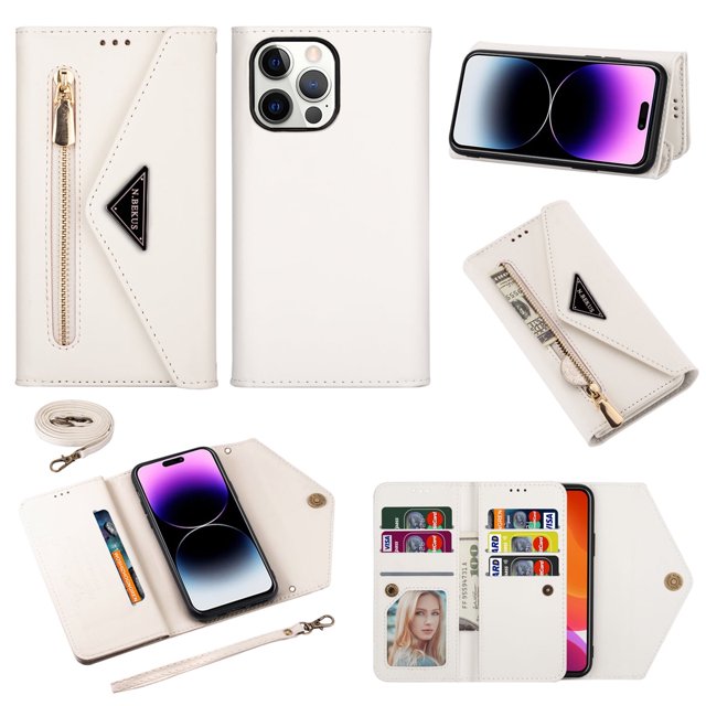 For iPhone 15 Pro Max Wallet Case,Women/Men A Multi-Card Slot Card Holder Premium Folio Flip Leather Protective Zipper Pocket Purse Wallet Case With Hand Strap and Shoulder Strap Case