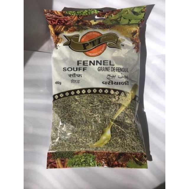 PTI Fennel Seeds 400g clear plastic package showing greenish-brown fennel seeds and a golden spoon inside, with white upper label featuring PTI logo and multilingual text in English, French, Hindi, and Gujarati, designed for Indian and South Asian cuisine seasoning.