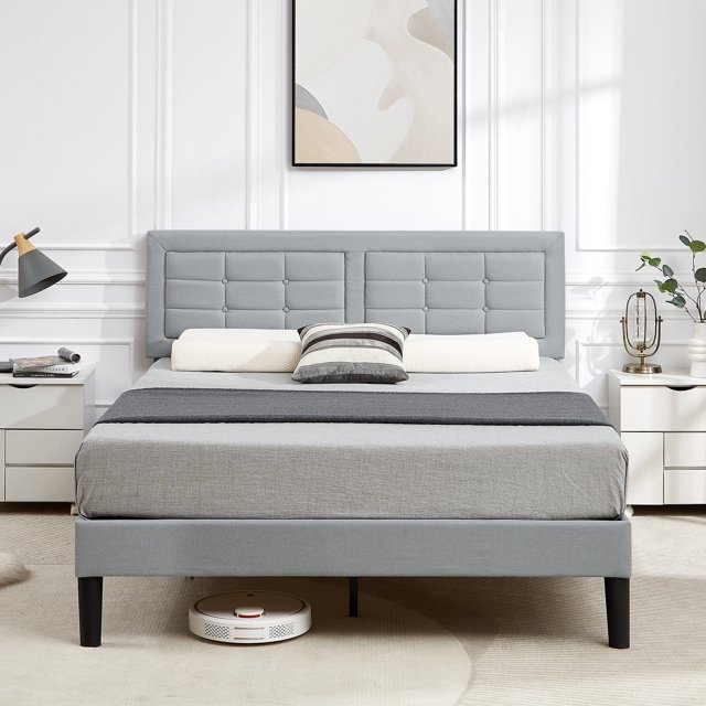 VECELO Queen Upholstered Platform Bed Frame with Button Tufted Adjustable Headboard, Sturdy Wood Slat Support, No Box Spring Needed, Light Gray