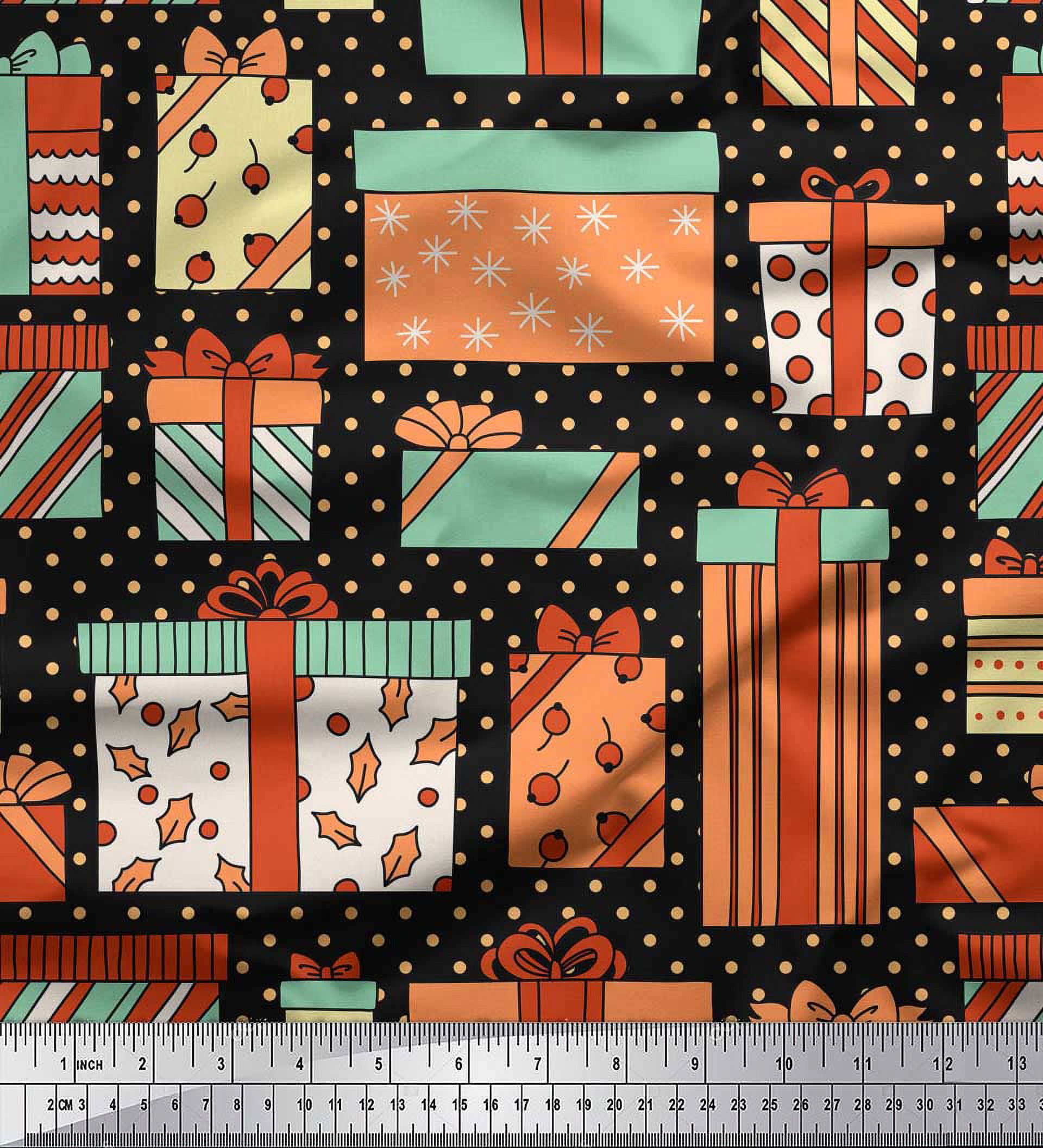 Soimoi Black Silk Fabric Dot & Gift Box Party Print Fabric by the Yard 42 Inch Wide