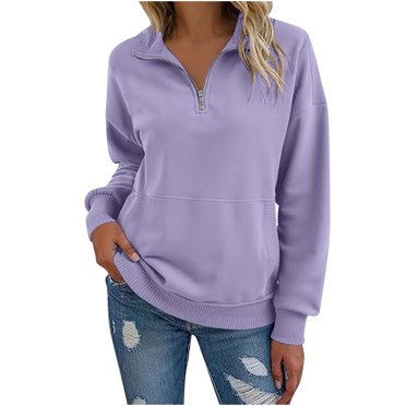 Yanlir Chandail à Demi-Glissière pour Femmes, Couleur Unie, Léger, Décontracté, Manches Longues, pour l'Automne, Mode, Confortable pour Tous les Jours, Col Ras du Cou Doux (Violet, 2TG)