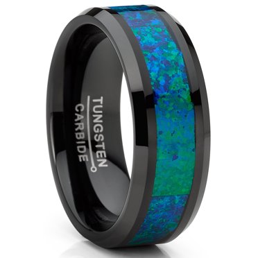 Men's Black Tungsten Carbide Wedding Band Ring Blue Green Crushed Opal 8MM Comfort-Fit