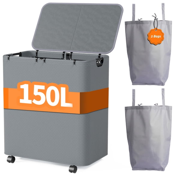 Yecaye 150L Laundry Hamper with Wheels, Large Clothes Laundy Basket with Lids and 2 Removable Bags