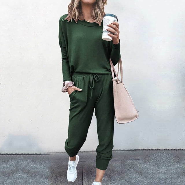 Simua Ensemble 2 Pcs pour Femmes Col Rond Manches Longues Pantalon Grand Taille Haute Élastique Pantalon Long Fluide avec Poche