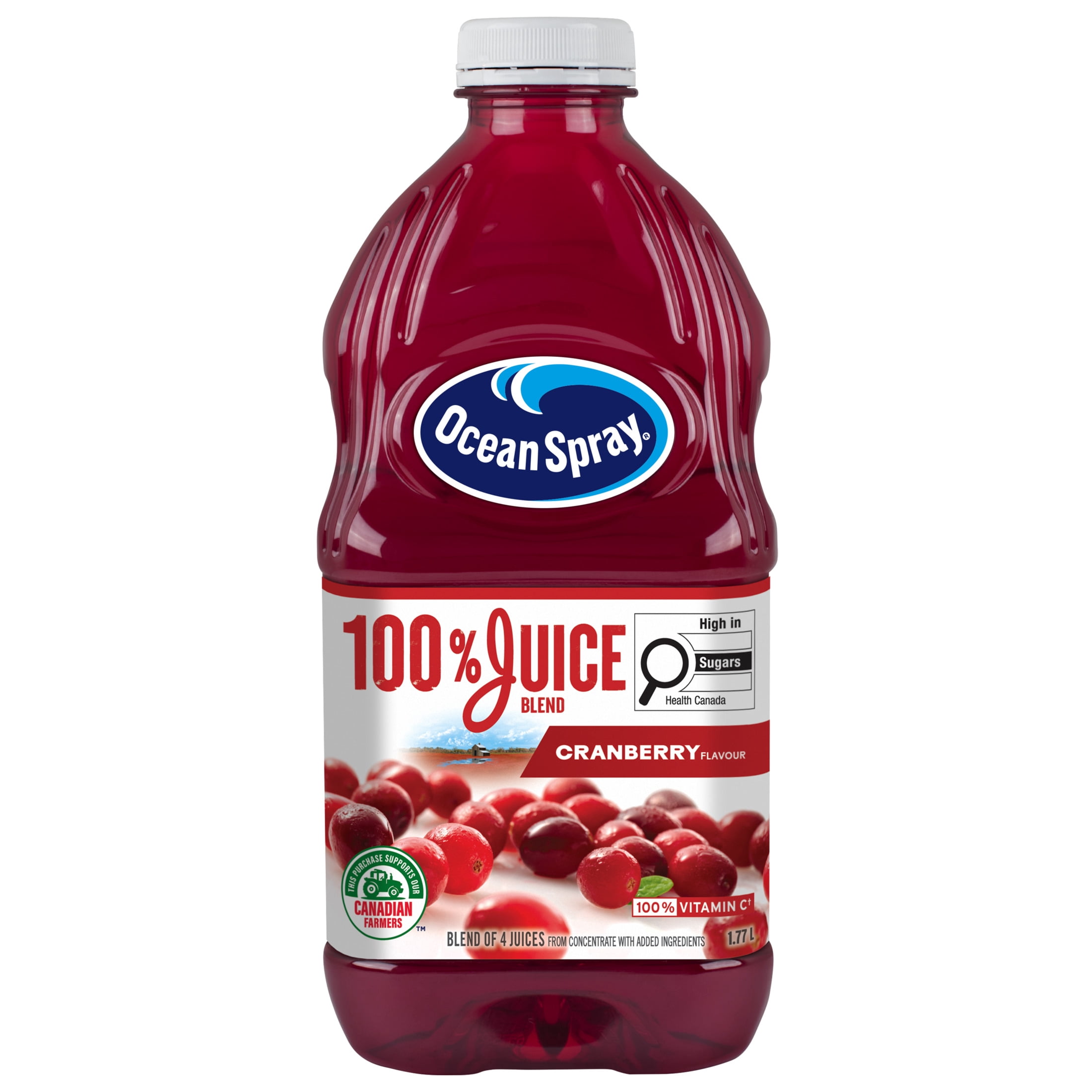 Ocean Spray Cranberry 100% Juice Blend 1.77L. Made with 100% Fruit Juice. No Sugar Added. 100% Vitamin C and No Artificial Colours, Flavours or Preservatives. Crisp, clean taste of real cranberries