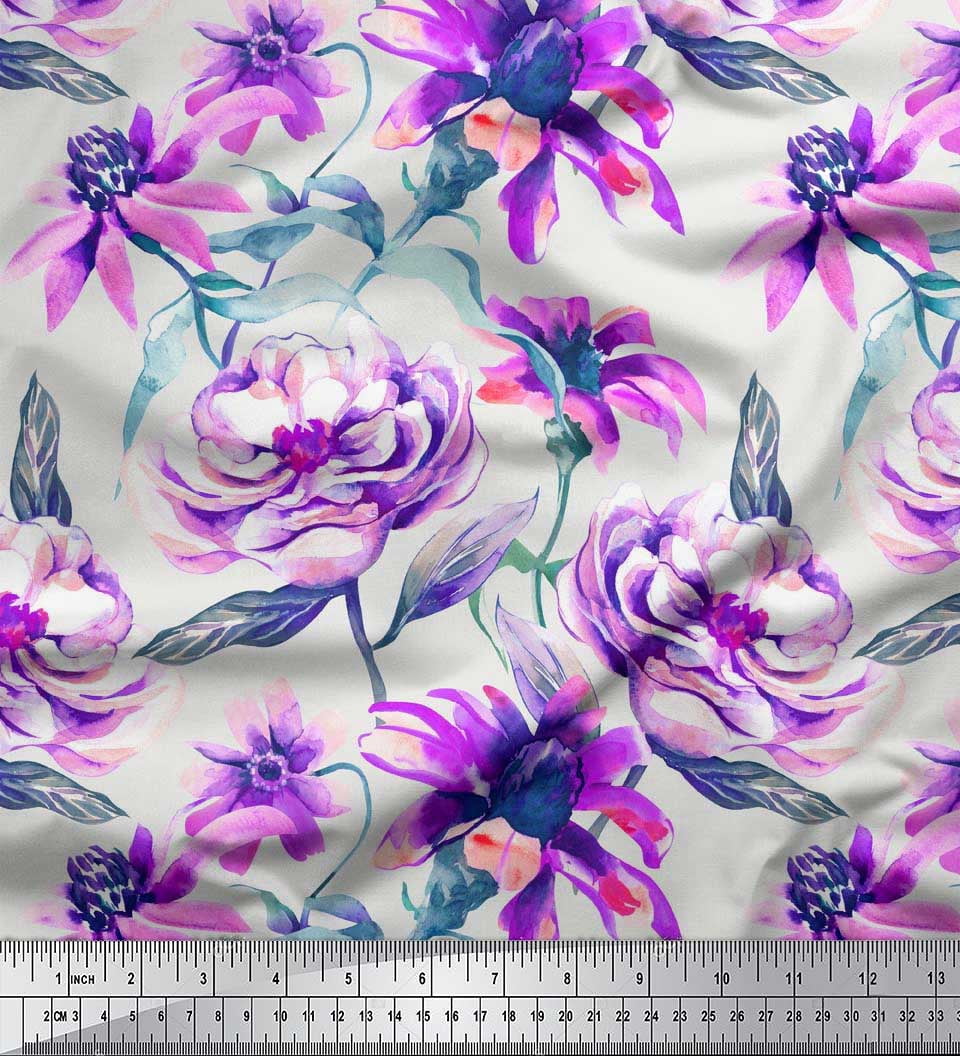 Soimoi Purple Silk Fabric Leaves & Floral Decor Fabric Printed BTY 42 Inch Wide