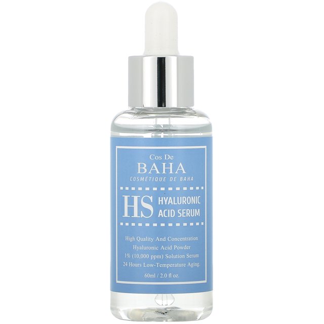 Cos De BAHA HS Hyaluronic Acid Serum in a 2 fl oz (60 ml) bottle with a dropper cap. The serum is non-greasy, paraben-free, colorant-free, alcohol-free, and fragrance-free. It contains 1% (10,000 ppm) hyaluronic acid powder solution, designed for hydrating, plumping, and line-smoothing properties. The product is displayed with a clear bottle and a blue label featuring product details.