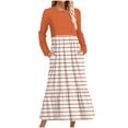 thumbnail image 2 of cfhntfmh Robes Maxi pour Femmes Automne Col Rond Manches Longues Robe Rayée Robe Tendance à Blocs de Couleur Robe de Détente avec Poches, 2 of 5