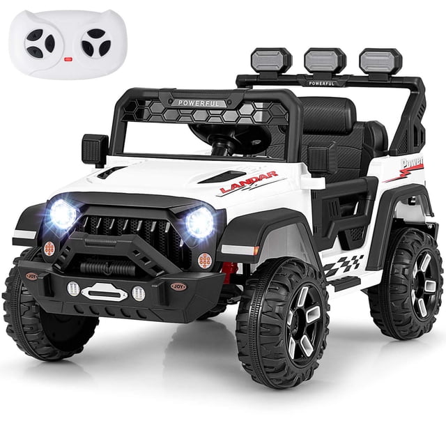 Costway 12V Kids Ride On Truck in white with 2*12V motors, spring suspension, and remote control. This powered ride-on features LED headlights, realistic steering wheel, spacious seat with safety belt, and lockable doors. Designed for kids aged 3+, it offers dual control modes, adjustable speeds, and a smooth ride on various terrains. Includes wireless connectivity, USB port, and microphone jack for entertainment.