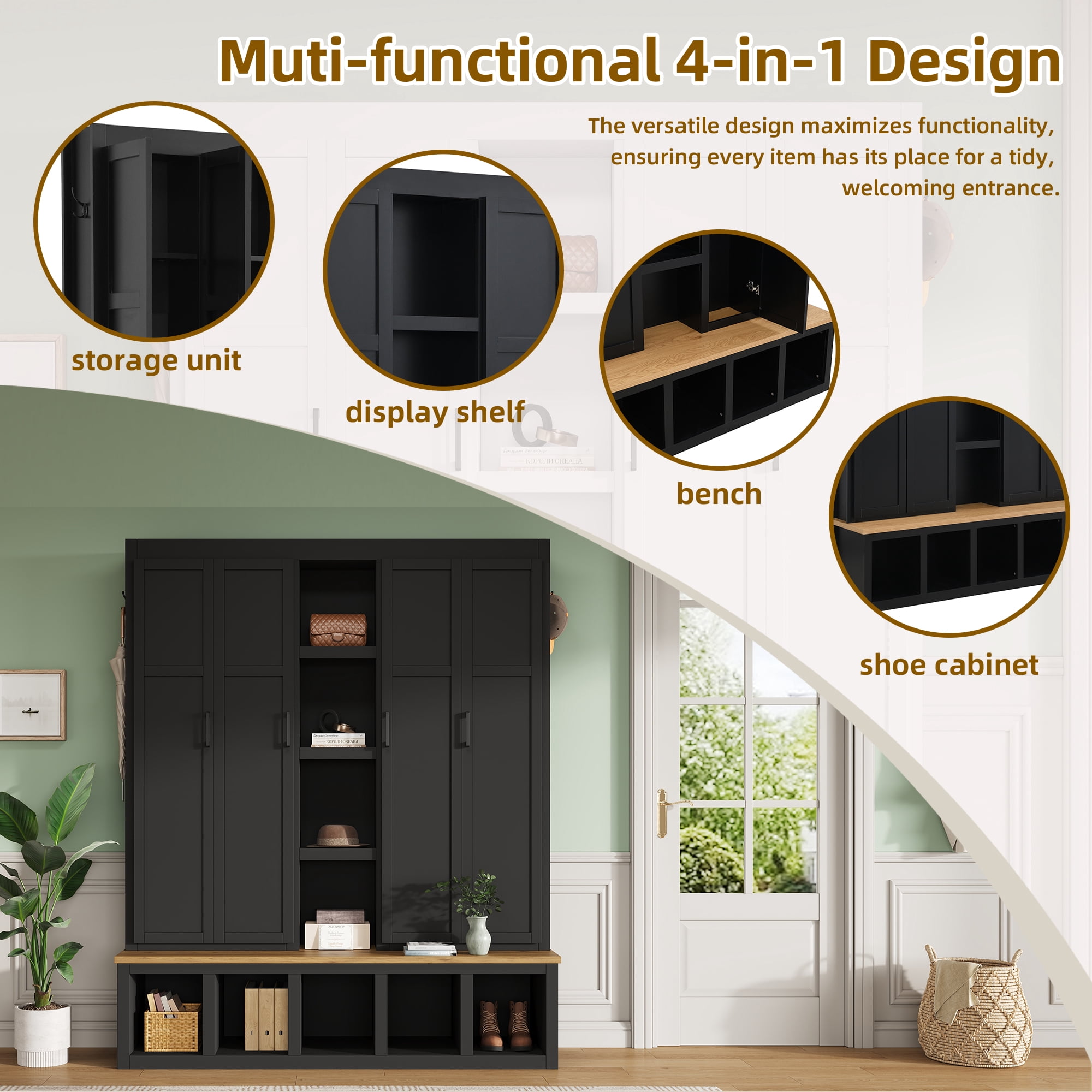 Noble House 62.9" Farmhouse Hall Tree with 6 Hooks,Wood Grain Bench & Shoe Cabinet for Entryway Living Room,Black