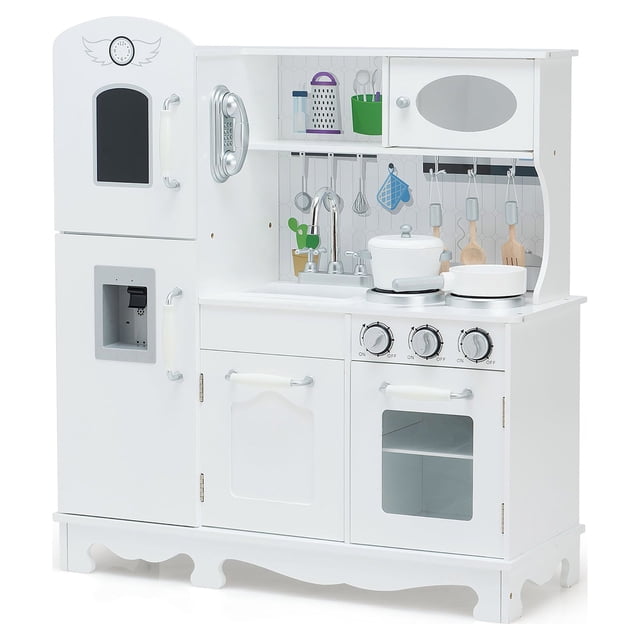 Costway Play Kitchen Pretend Play Cookware Set Toys for Kids, a white kitchen playset with realistic features including a sink, simulated oven, water dispenser, blackboard, refrigerator, vintage phone, and kitchen accessories like pots, pans, and utensils. Ideal for children over 3 years old, it encourages imaginative play, social skills, and good habits.