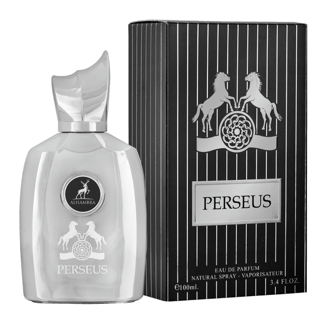 Perseus Original par Maison Alhambra, une Eau de Parfum de 3,4 fl oz pour Femmes, Exposée avec Son Élégante Bouteille Argentée Présentant un Emblème de Cerf et un Emballage Assorti à Rayures Noires Orné de motifs de Cheval. un Parfum de niche de Dubaï, U.A.E., Connu pour Son Parfum Longue Durée.