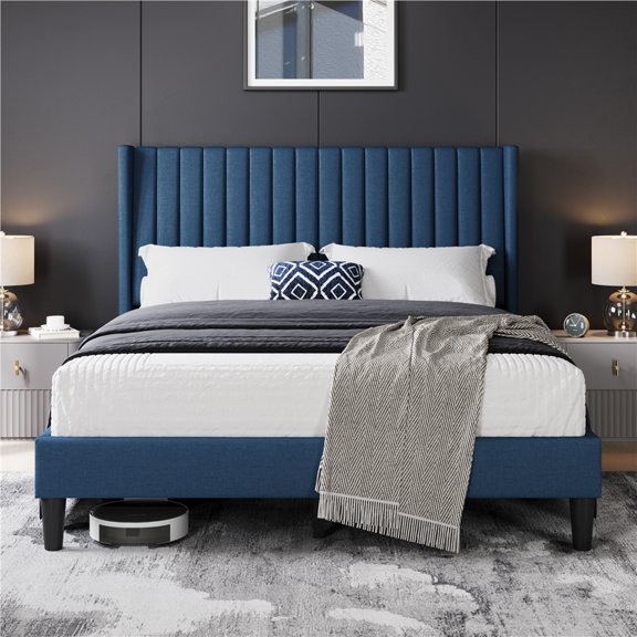 Fullfurnique Upholstered Bed Frame with Wing Side and Channel Headboard, Queen, Navy Blue