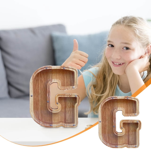 LSLJS Wooden English Letter Saving Can Transparent Glass Saving Can, Piggy Bank