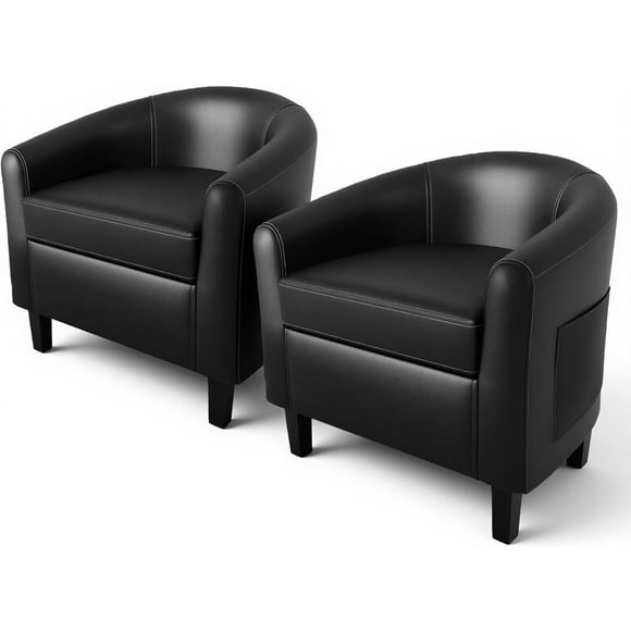 Accent Barrel Chairs Set of 2 Faux Leather Club Armchairs with U-Shaped Backrest and Padded Seat for Living Room Bedroom Black