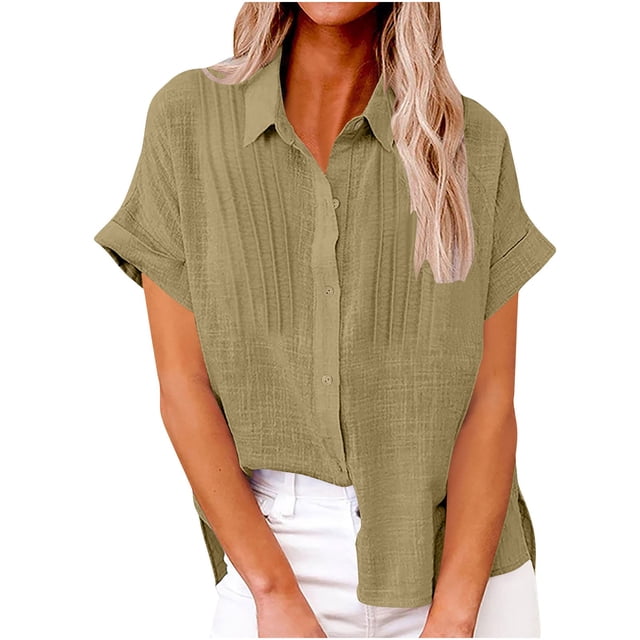 Chemise en Coton et Lin pour Femmes, Manches Courtes, Col en V, Ample, Décontractée, Été, Plage, Travail