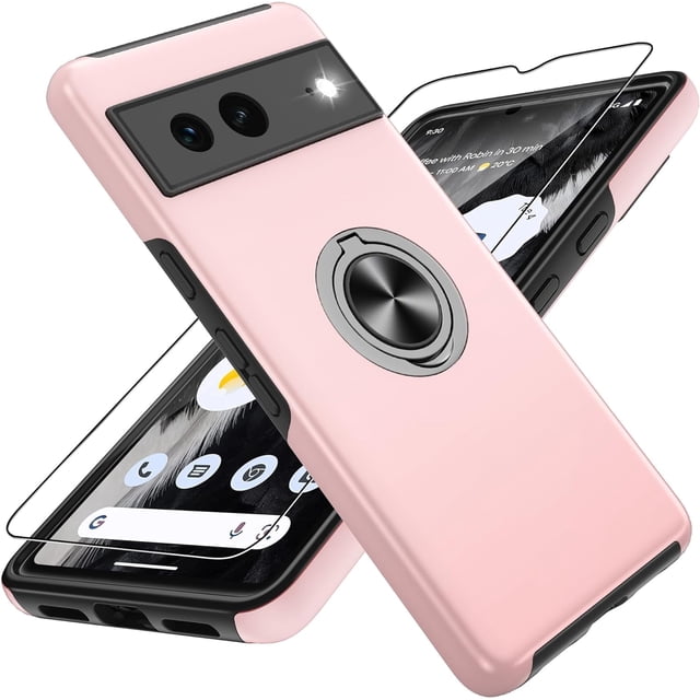 KOMI Pixel 7 Case in pink, designed for Google Pixel 7 (6.3 inches), featuring a shockproof build with military-grade protection, a 360° magnetic ring holder kickstand, and a camera lens slider. Includes an HD screen protector. The case has TPU and PC materials for durability and is not compatible with wireless charging or other phone models.