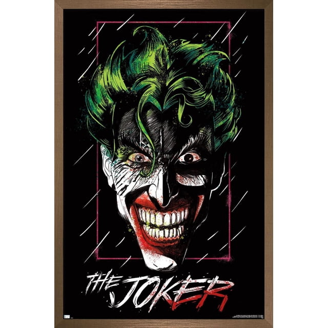 DC Comics - The Joker - Up Close Wall Poster, 14.725" x 22.375" framed, depicting a close-up of the Joker's green hair with detailed brush strokes on a black background, bordered by a thin red rectangular frame, with 'The Joker' in white and red stylized text at the bottom, ideal for home or office wall art.
