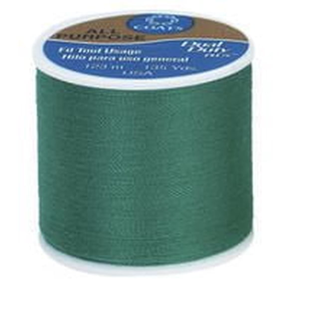 Coats & Clark All Purpose Polyester Thread spool in green, 123 metre length, made of 100% polyester covered polyester for strength, suitable for hand and machine sewing on knits and woven fabrics, also ideal for general crafting projects.