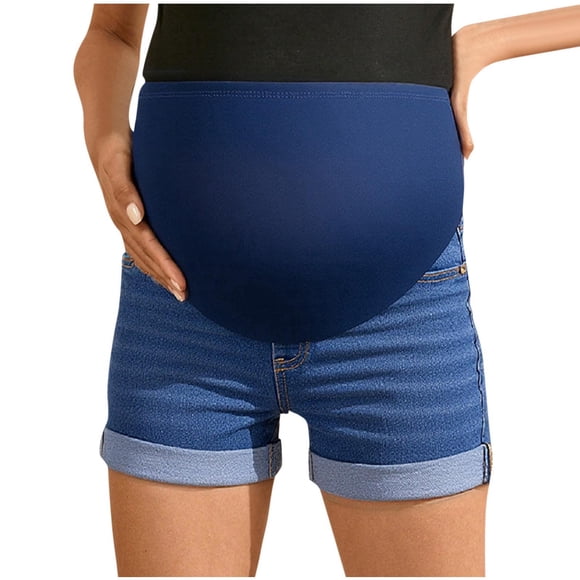 Bwiyojiz Fashion Sizes S-XL Belly Hugging Denim Shorts for Women with Rolled Edges Maternity Casual Outerwear, Blue