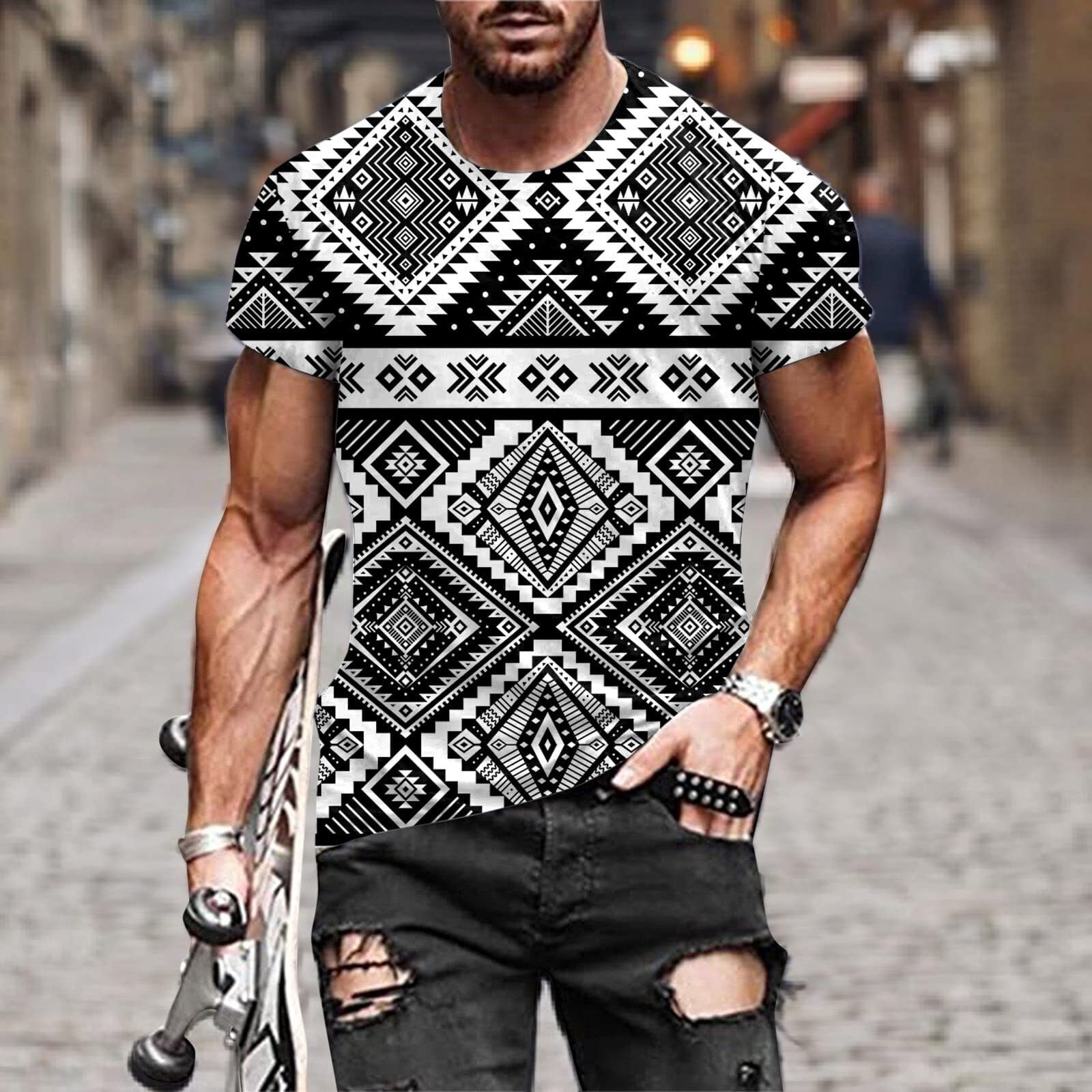 EGNMCR Men's Fashion Summer Neckline T-shirt Printing Pattern Short Sleeve