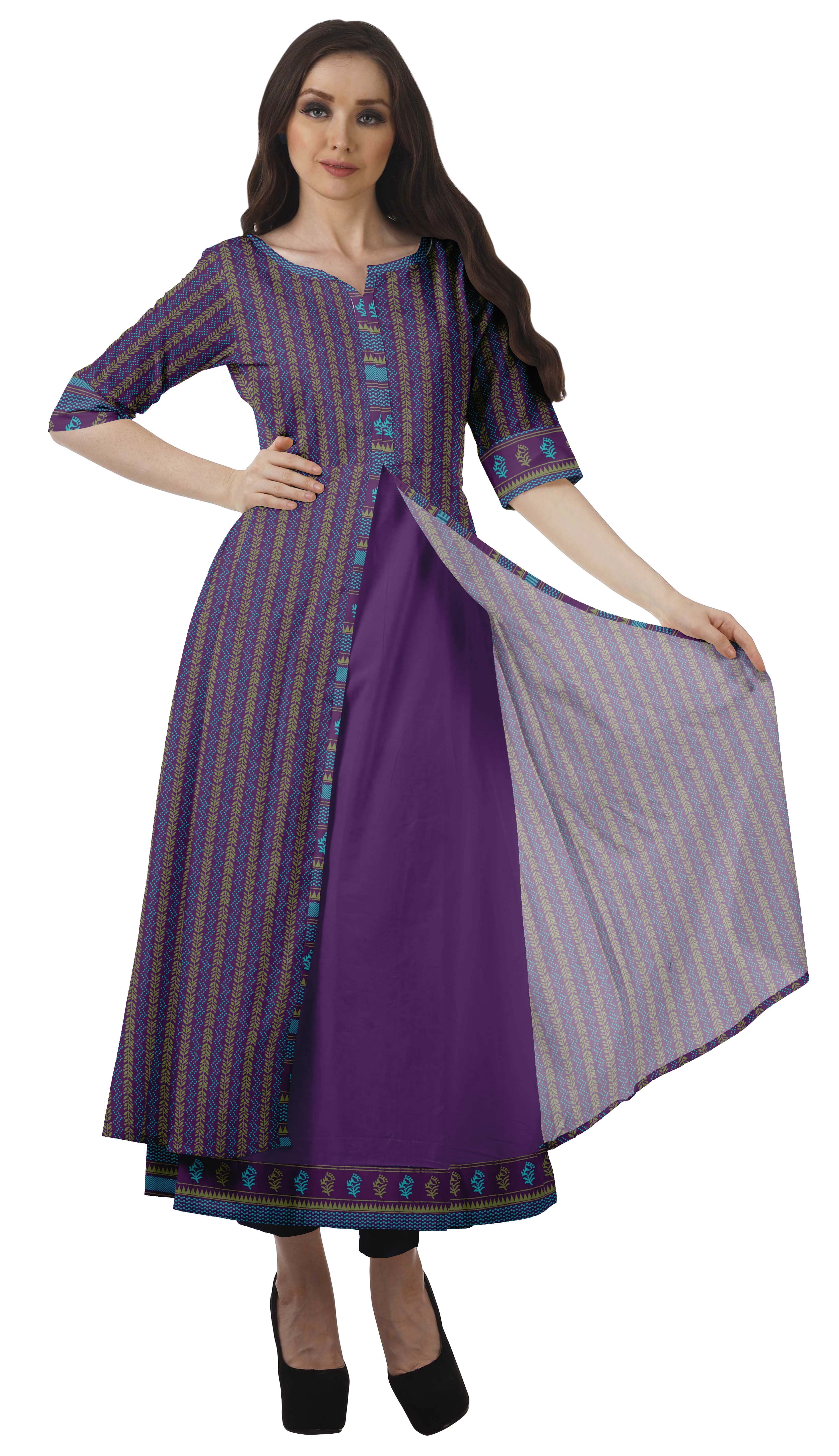 Moomaya Kurti Trapèze pour Femmes avec Fente avant, Imprimé, Kurta Indienne de Soirée - 3TG