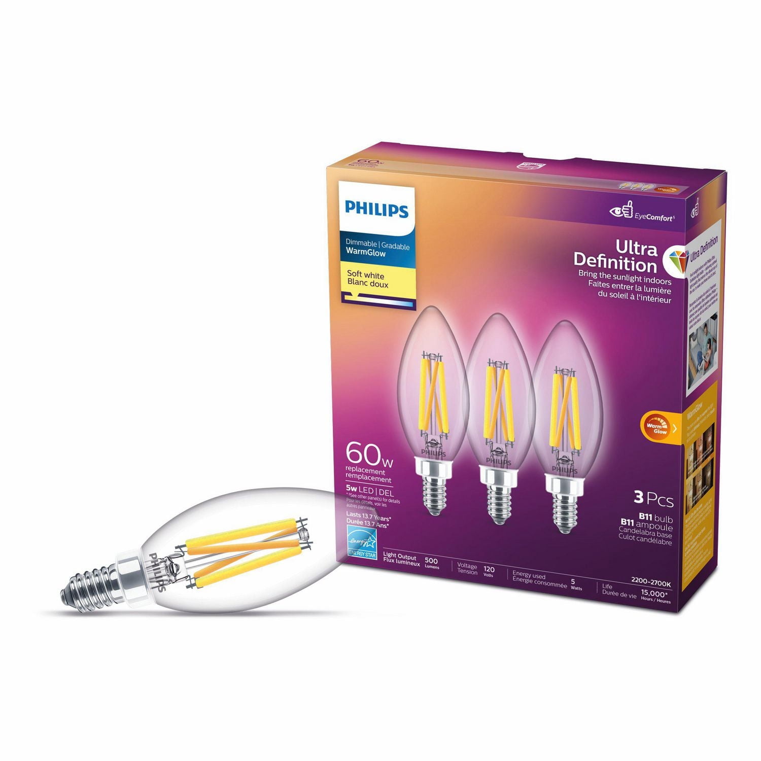 Philips UltraDefinition LED B11 E12 60W Equivalent Light Bulb, Dimmable Soft White (2700K) 3-Pack